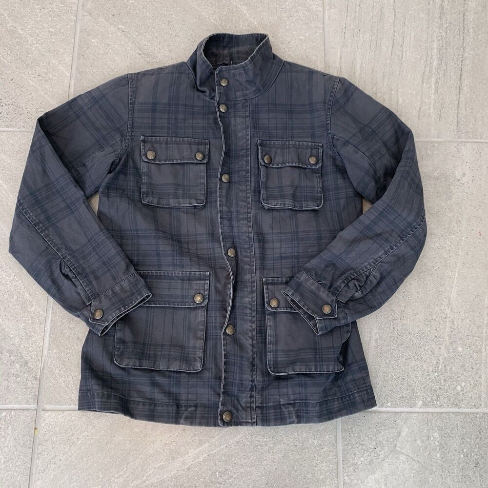 Vince Jacket Woman Medium Blue Check Utility Pockets Work Distressed